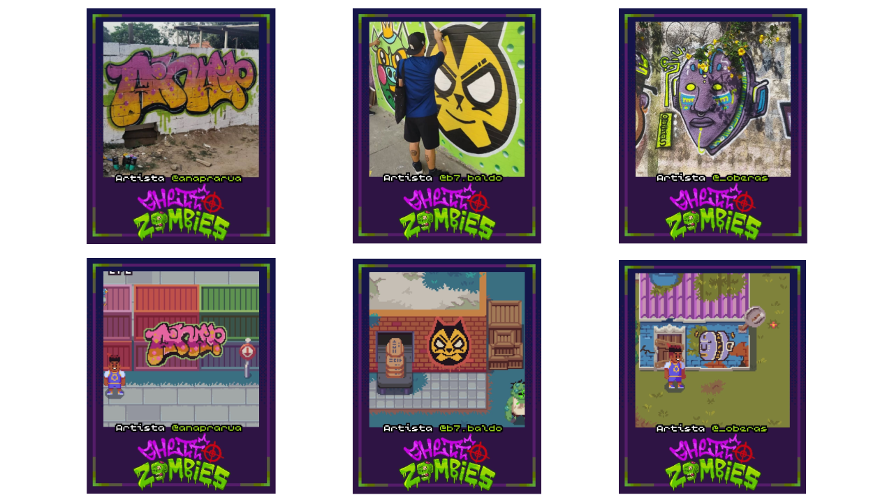 Grafites de referência usados em Ghetto Zombies, com artistas creditados em ordem: @anaprarua, @b7.baldo e @_aberas 